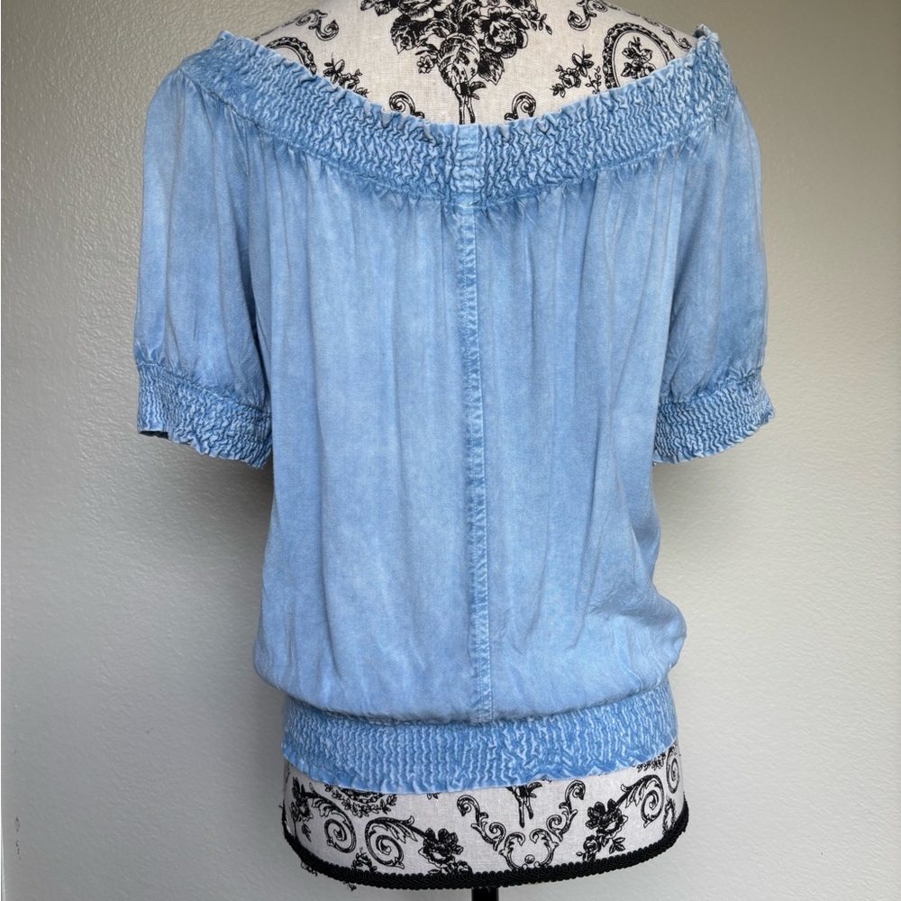 Smocked Light Blue Embroidered Peasant Blouse - Picture 2 of 13